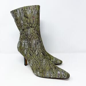 Vintage Y2K Anne Michelle Green/Silver Jacquard Sequin Boots Women's 9 Side Zip